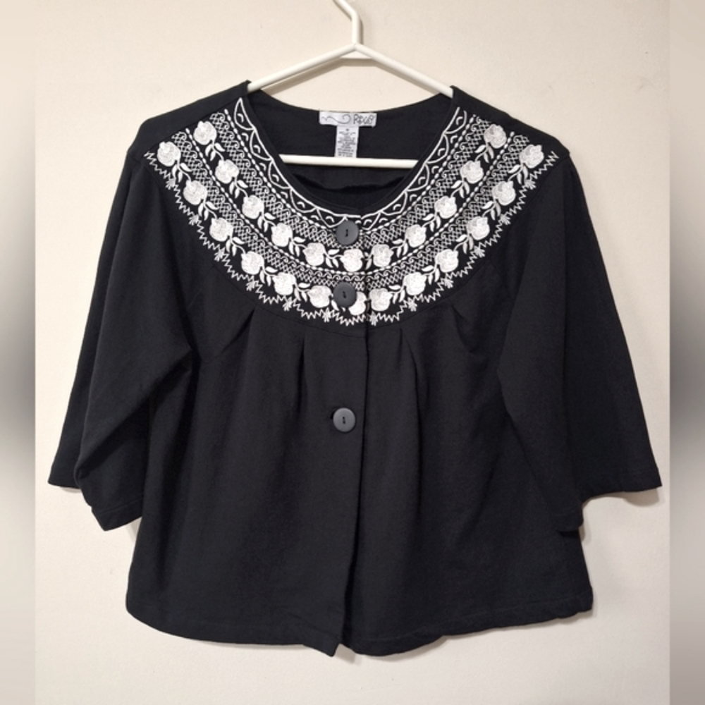 RXB M Black 3/4 Sleeve White Embroidered Yoke Cotton Babydoll Cardigan
